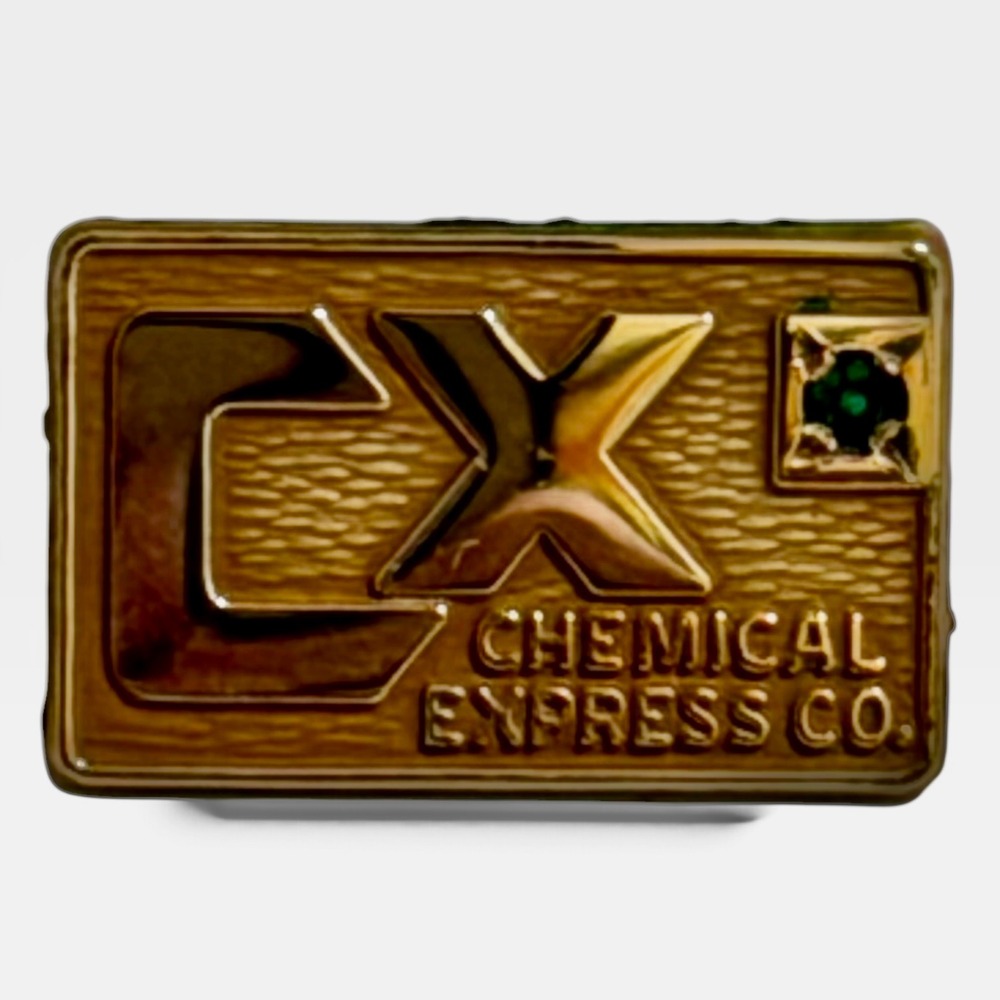 Vintage Chemical Express Co CX Gold Filled Tie Tack Pin Green Stone Logo